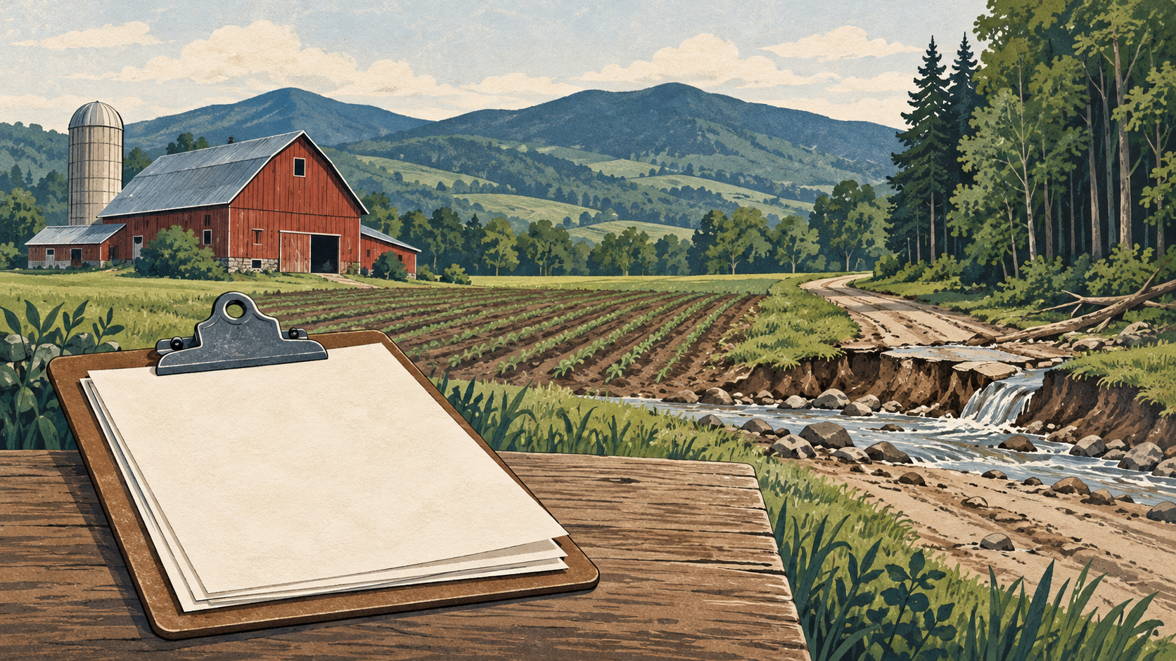 Illustration of farmland, a damaged access lane and blank assistance paperwork.
