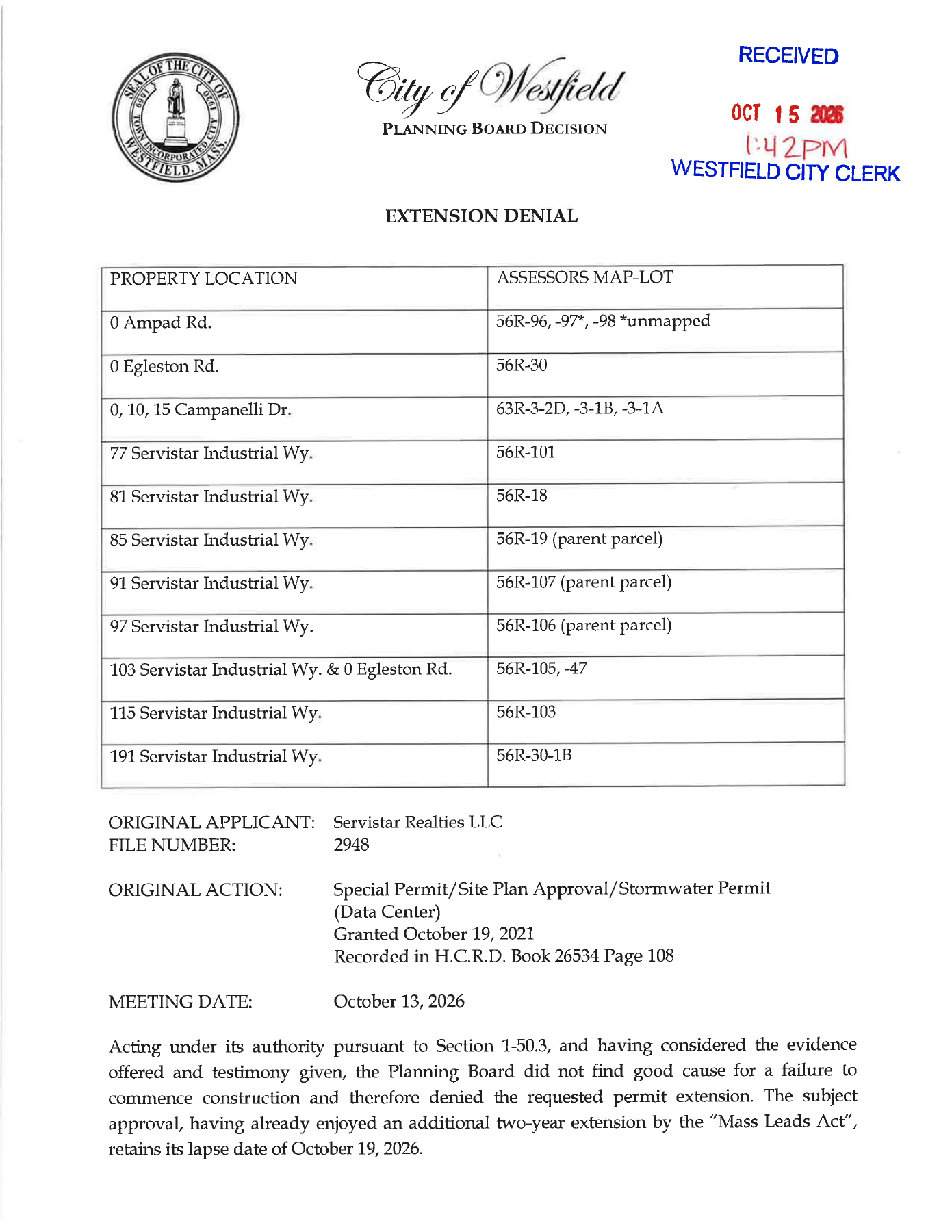 First page of Westfield Planning Board decision denying Servistar a permit extension.