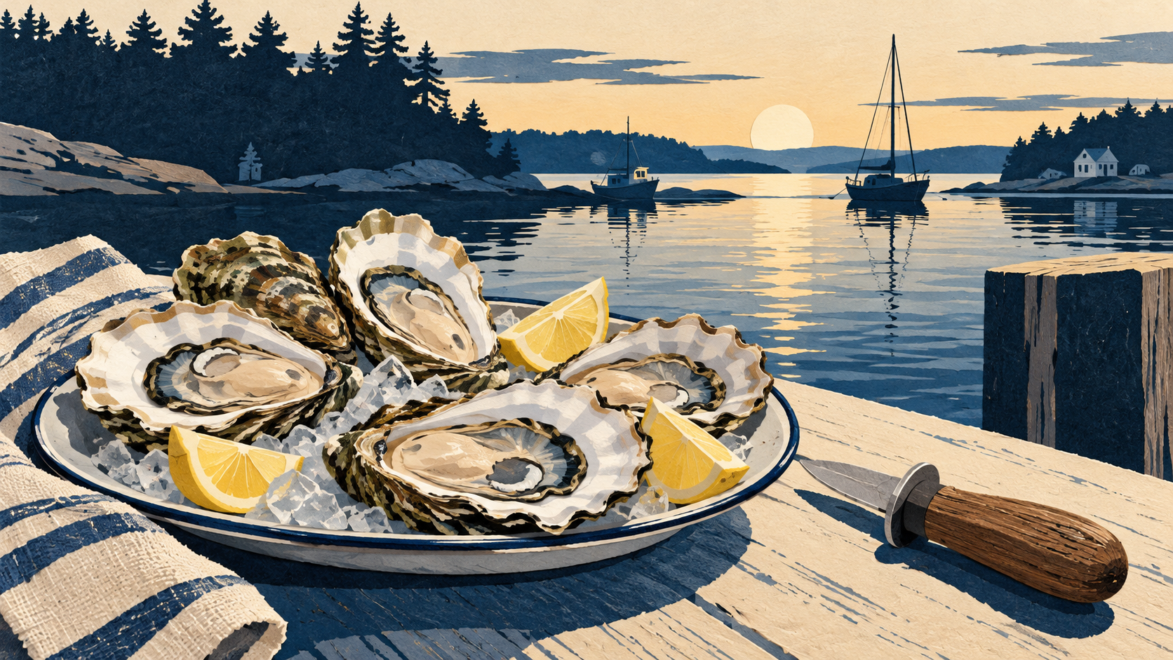 Illustration: Oysters and lemon on a platter.