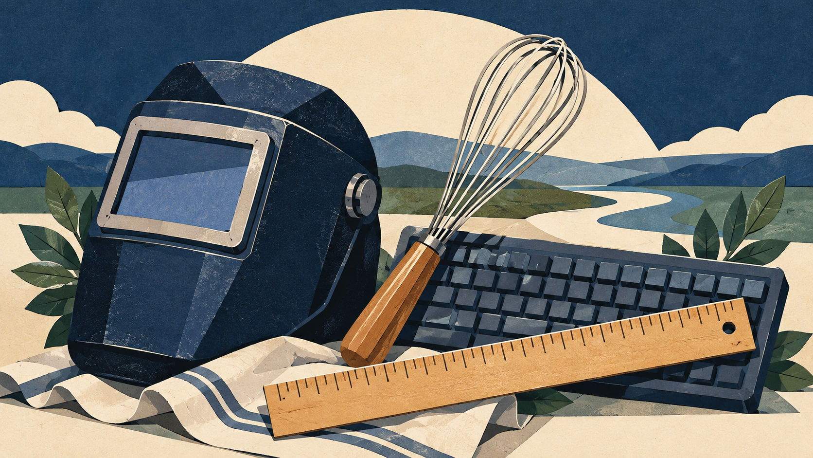Illustration: Tools representing culinary, technology and construction training.