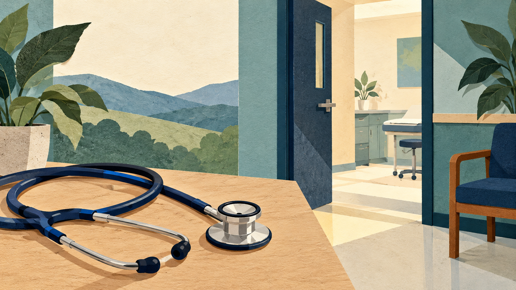 Illustration: A stethoscope beside an open clinic door.