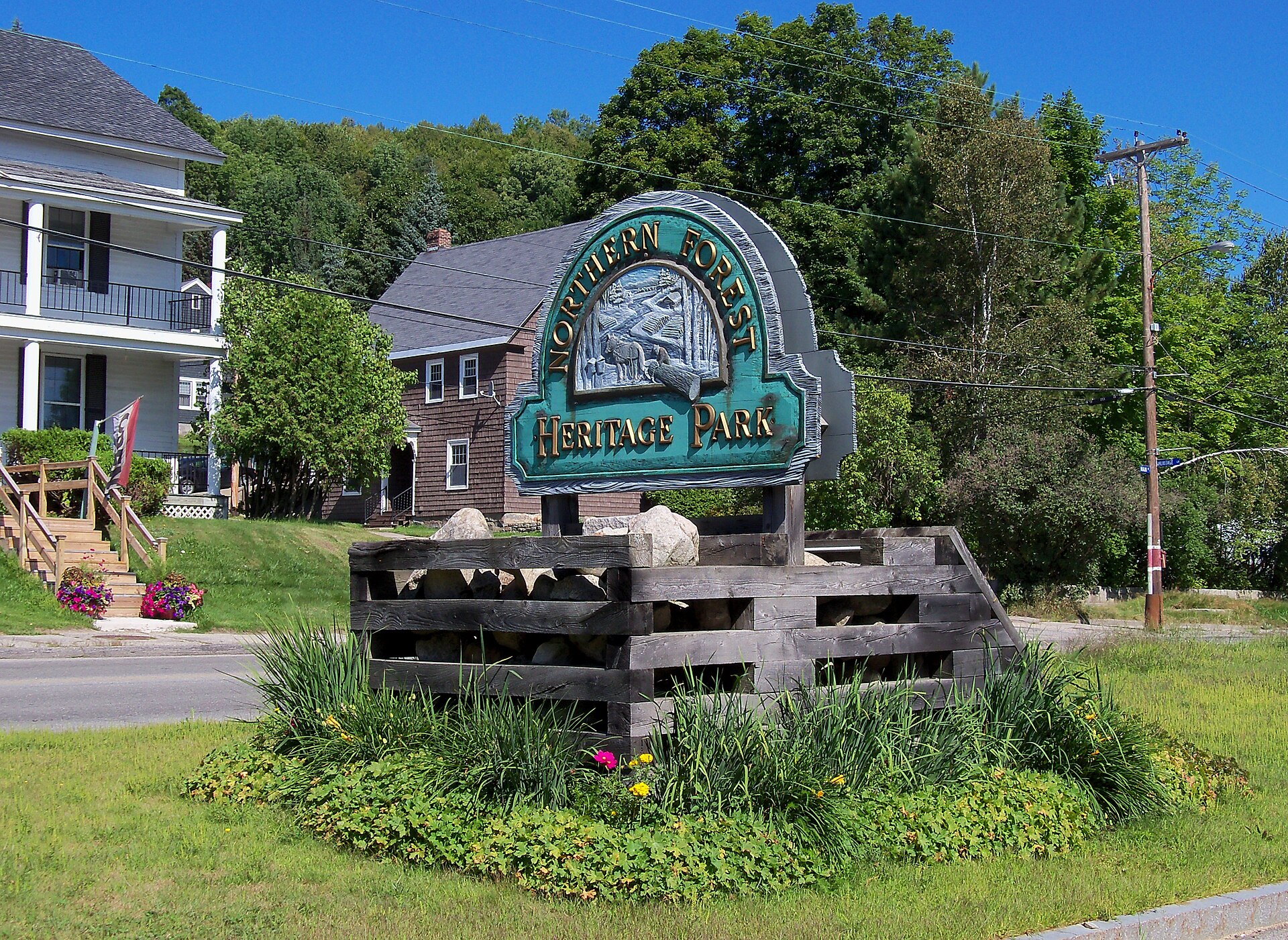 The Heritage Park entrance sign in Berlin, New Hampshire, photographed in August 2012.