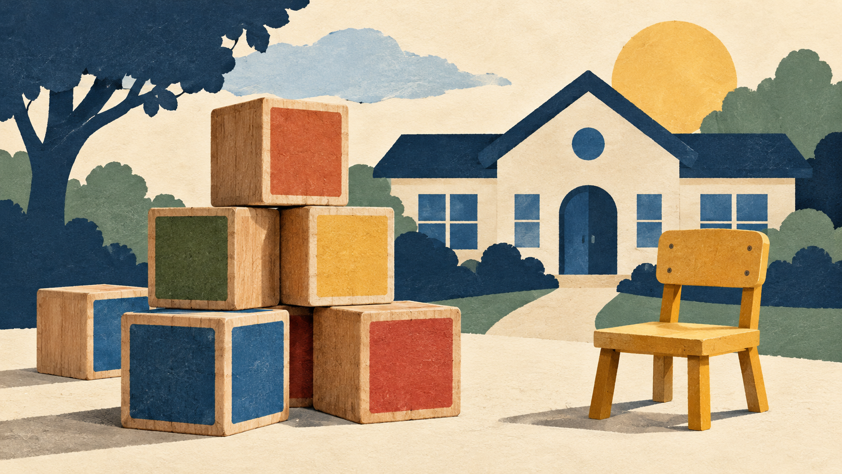 Illustration: Wooden blocks and a child-sized chair.