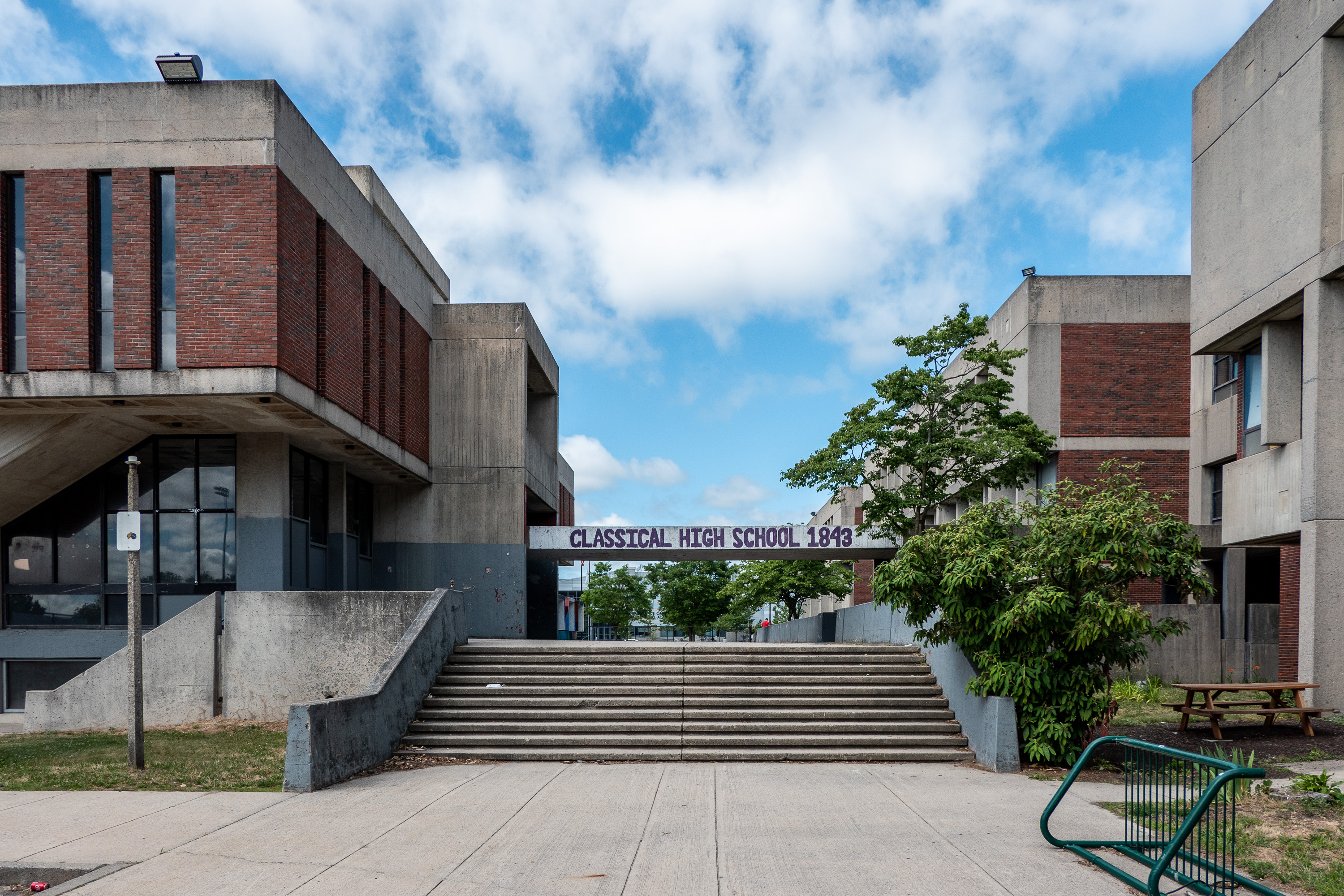 The brick entrance to Classical High School in Providence, with the school name above the doors.