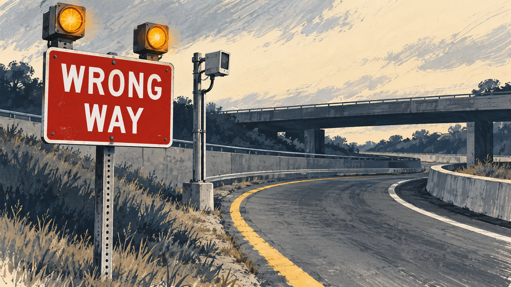 Illustration: A wrong-way sign, warning lights and a roadside detector.