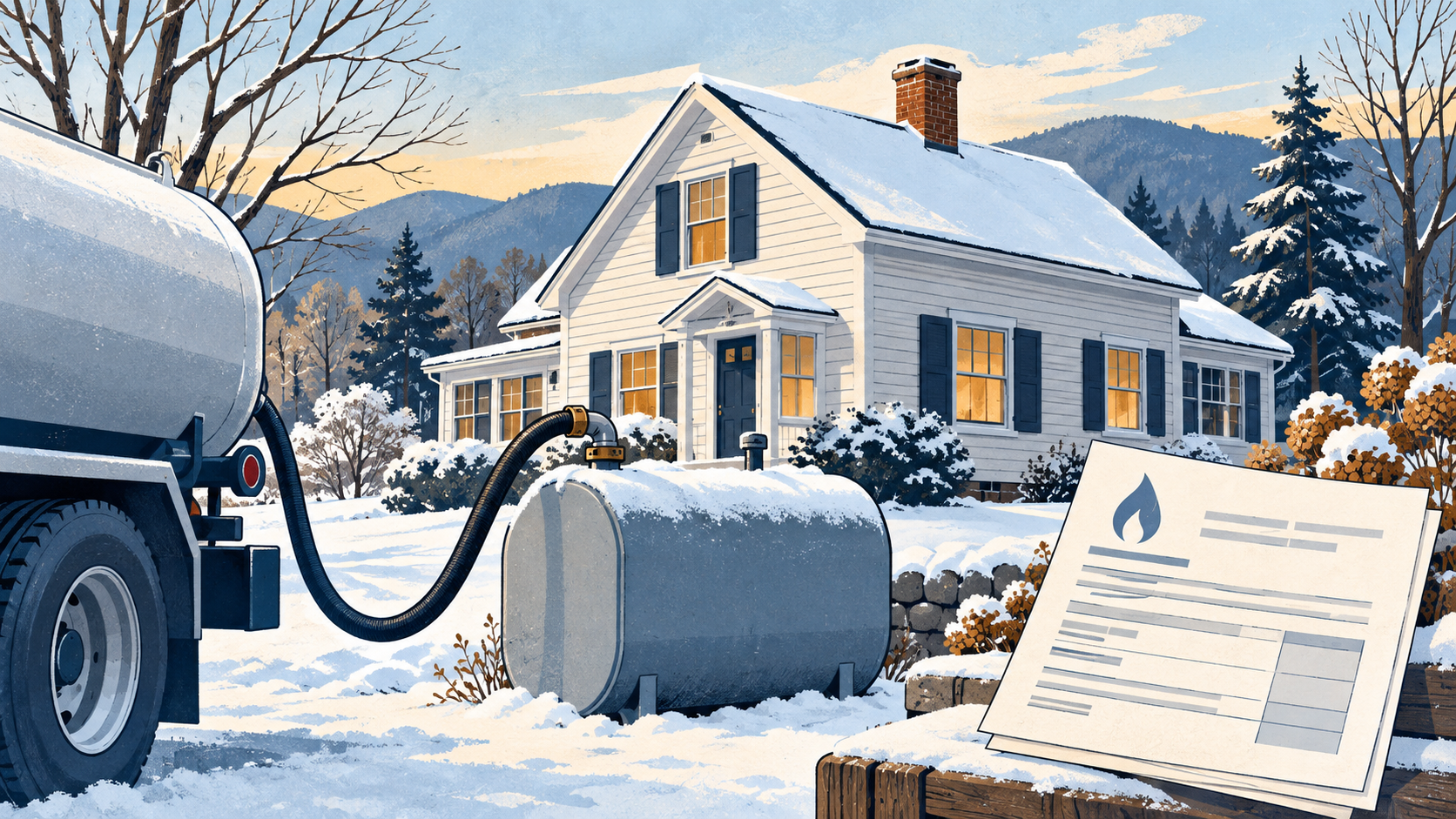 Illustration of a winter home, heating-oil delivery and a household bill.