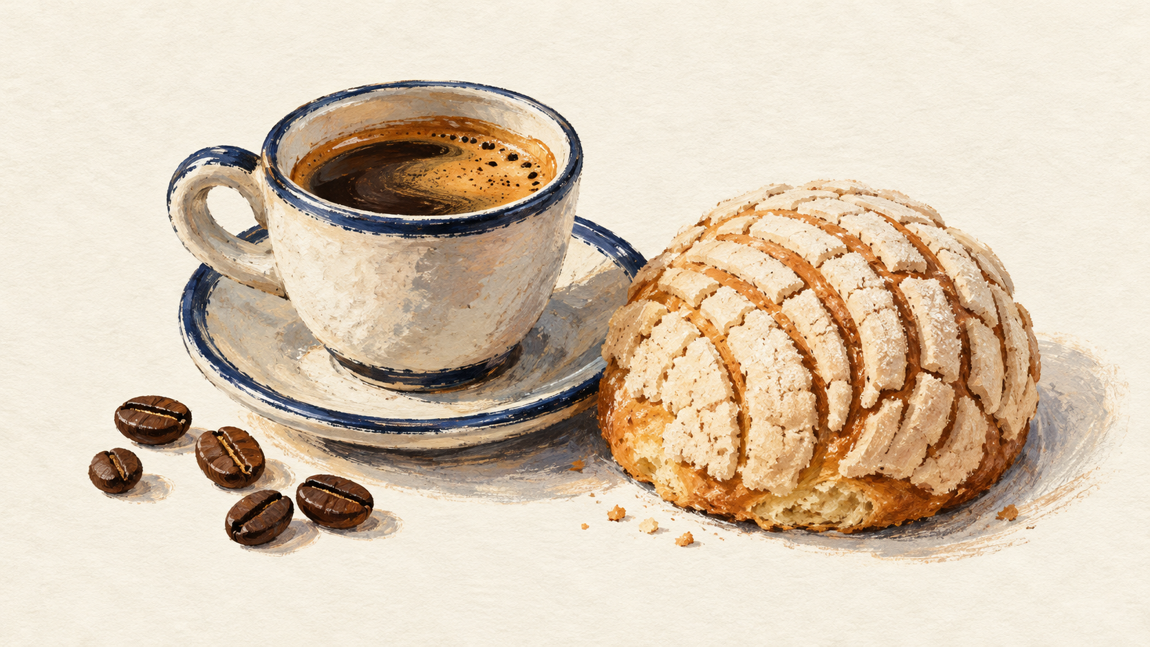 Illustration of espresso, coffee beans and a concha sweet bread.