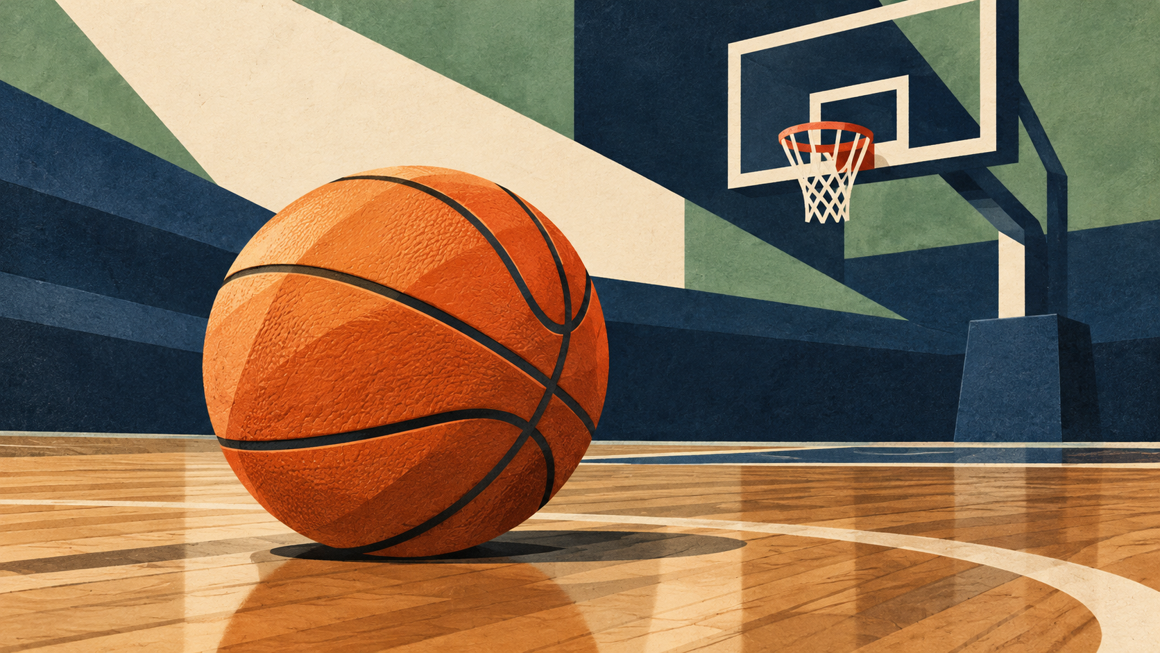 Illustration of a basketball and hoop.