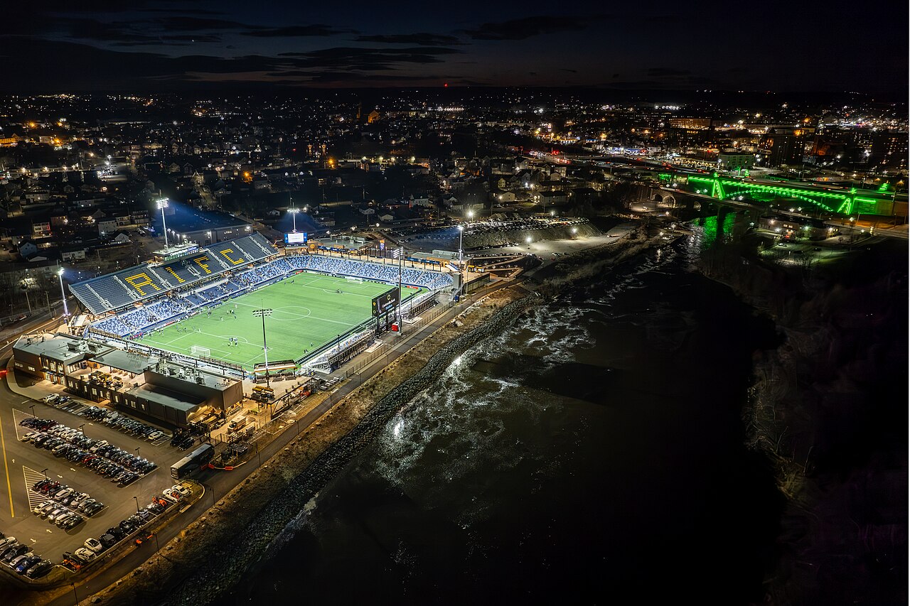 An aerial view of Centreville Bank Stadium in Pawtucket at night.