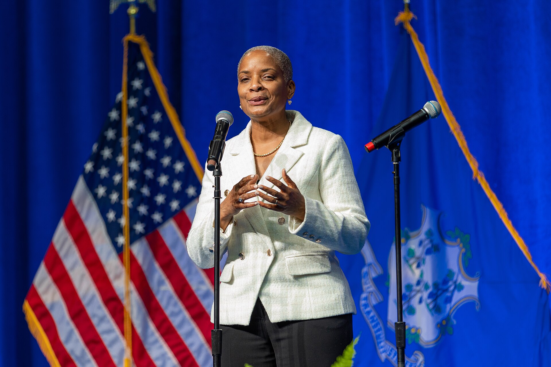 Connecticut Secretary of the State Stephanie Thomas speaks at the William A. O'Neill Armory in Hartford on Jan. 4, 2023. File photo.