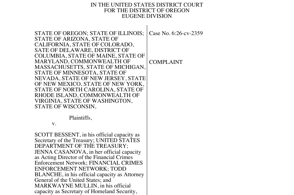 An excerpt from the company-ownership lawsuit caption lists the plaintiff states, including Maine, Massachusetts and Rhode Island.