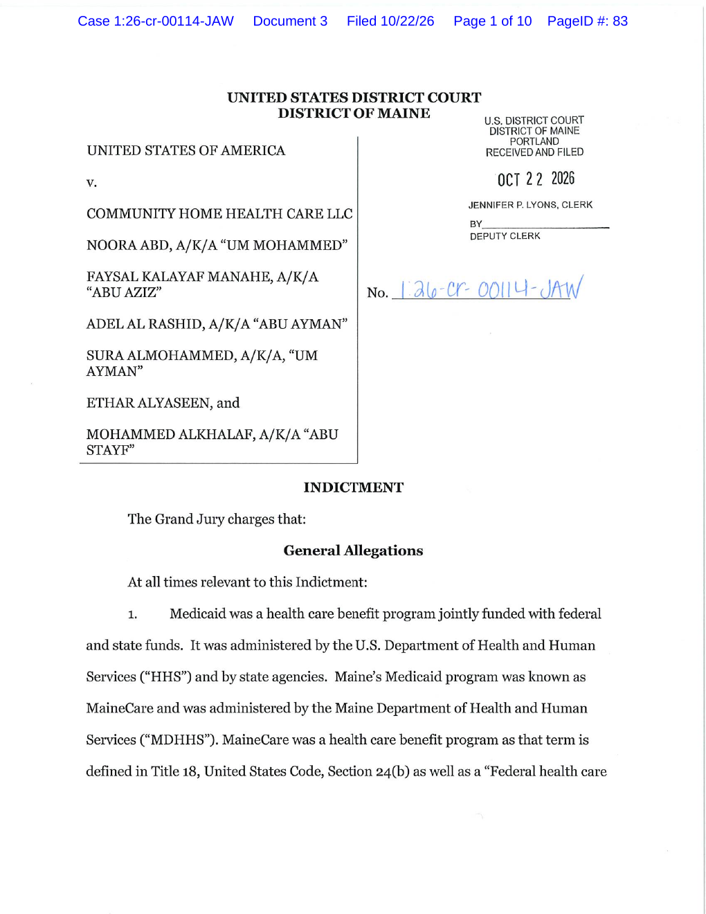 First page of the federal indictment naming Community Home Health Care LLC and six individuals.