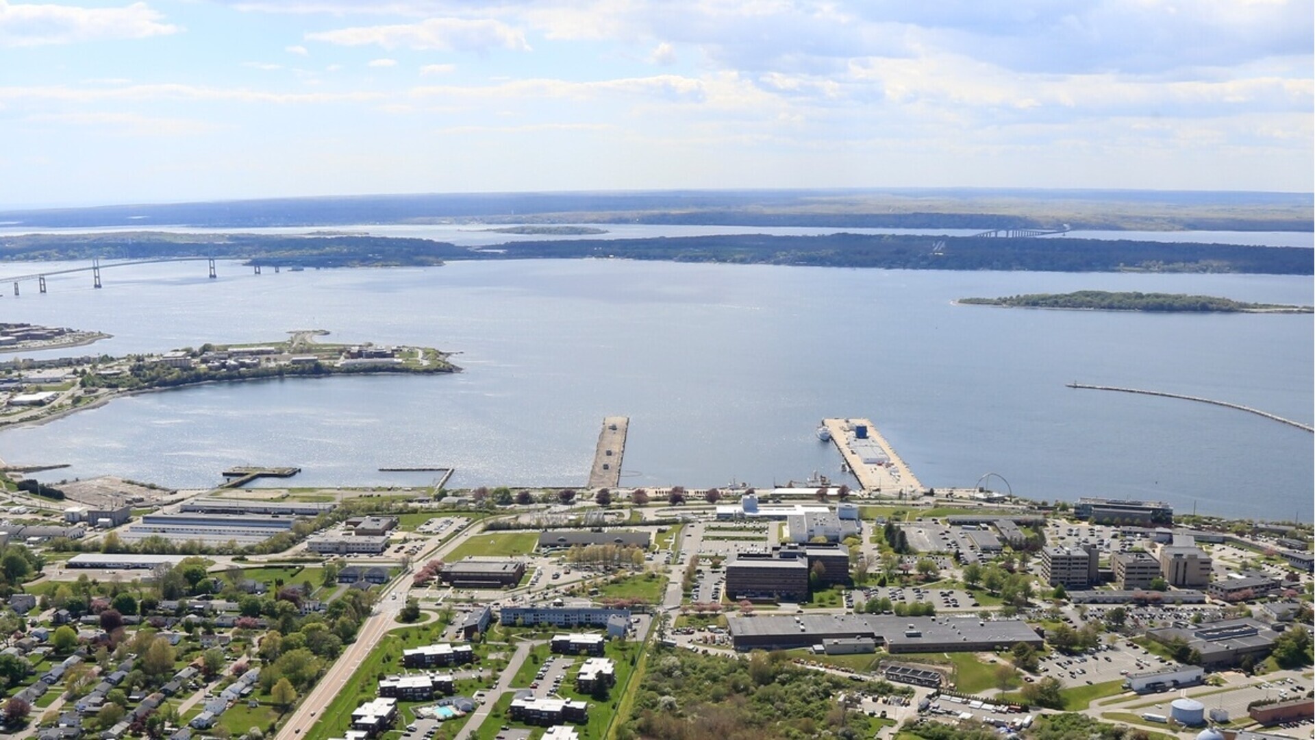 View of older Coast Guard Piers 1 and 2 at Coddington Cove in Newport, photographed in 2021.