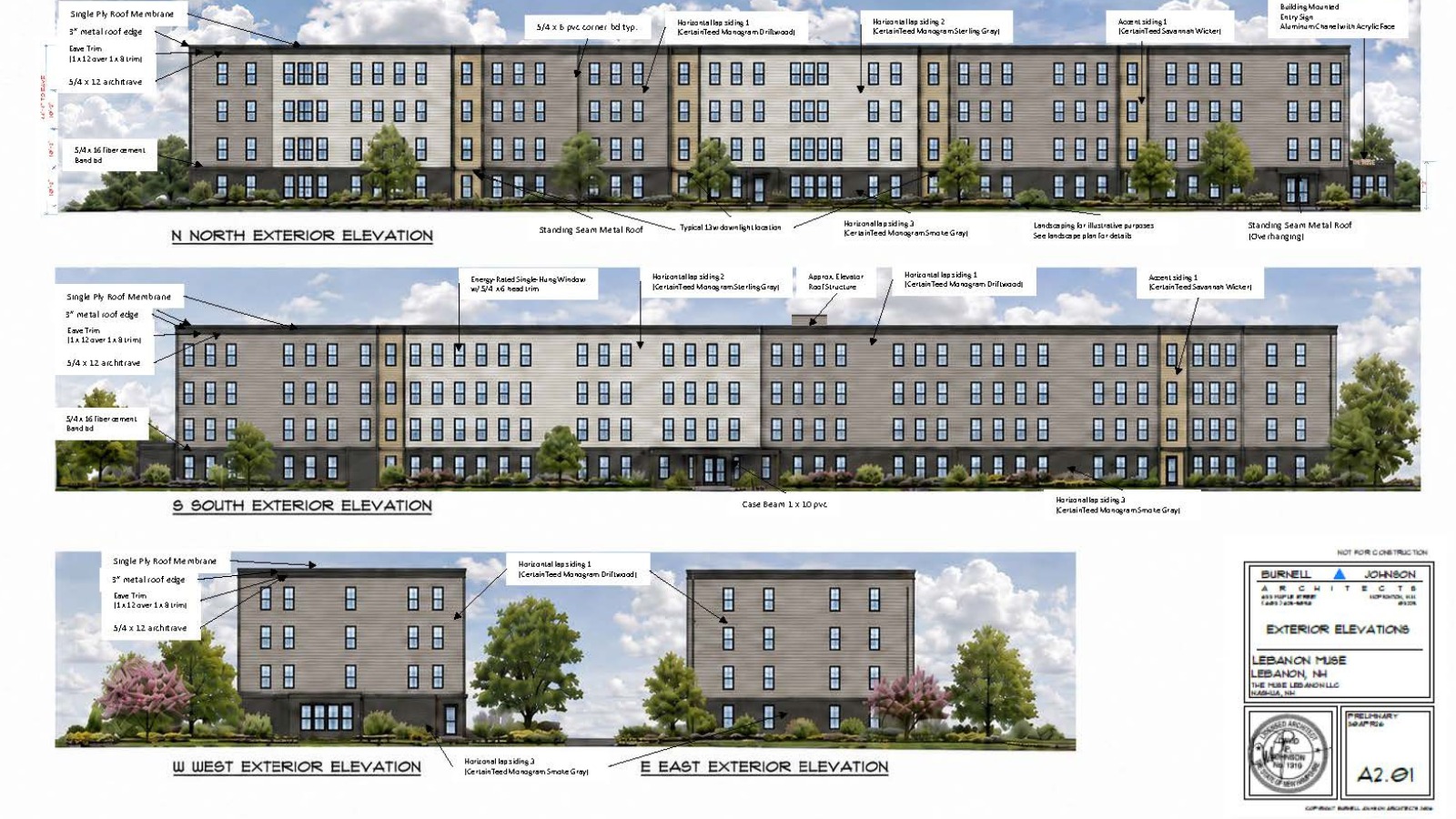 Architectural sheet showing four exterior elevations of a long multistory apartment building with gray, tan and beige siding, with material notes and an architect's title block.