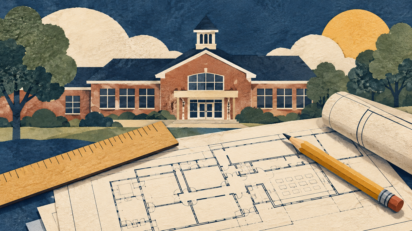 Illustration: A school building and architectural drawings.