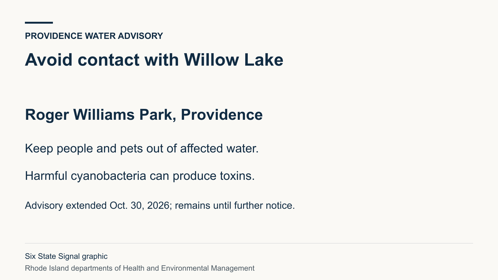 An advisory graphic warns people and pets to avoid contact with Willow Lake in Roger Williams Park.