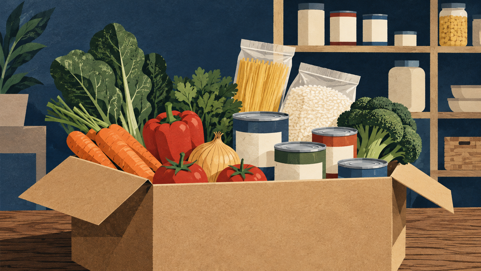 Illustration: A box of pantry food and vegetables.