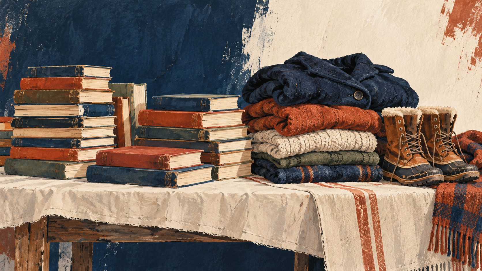 Illustration of used books and winter clothing.