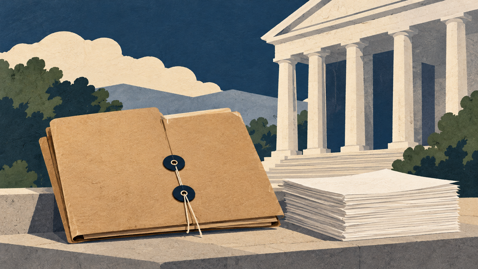Illustration: A legal case folder, documents and courthouse columns.