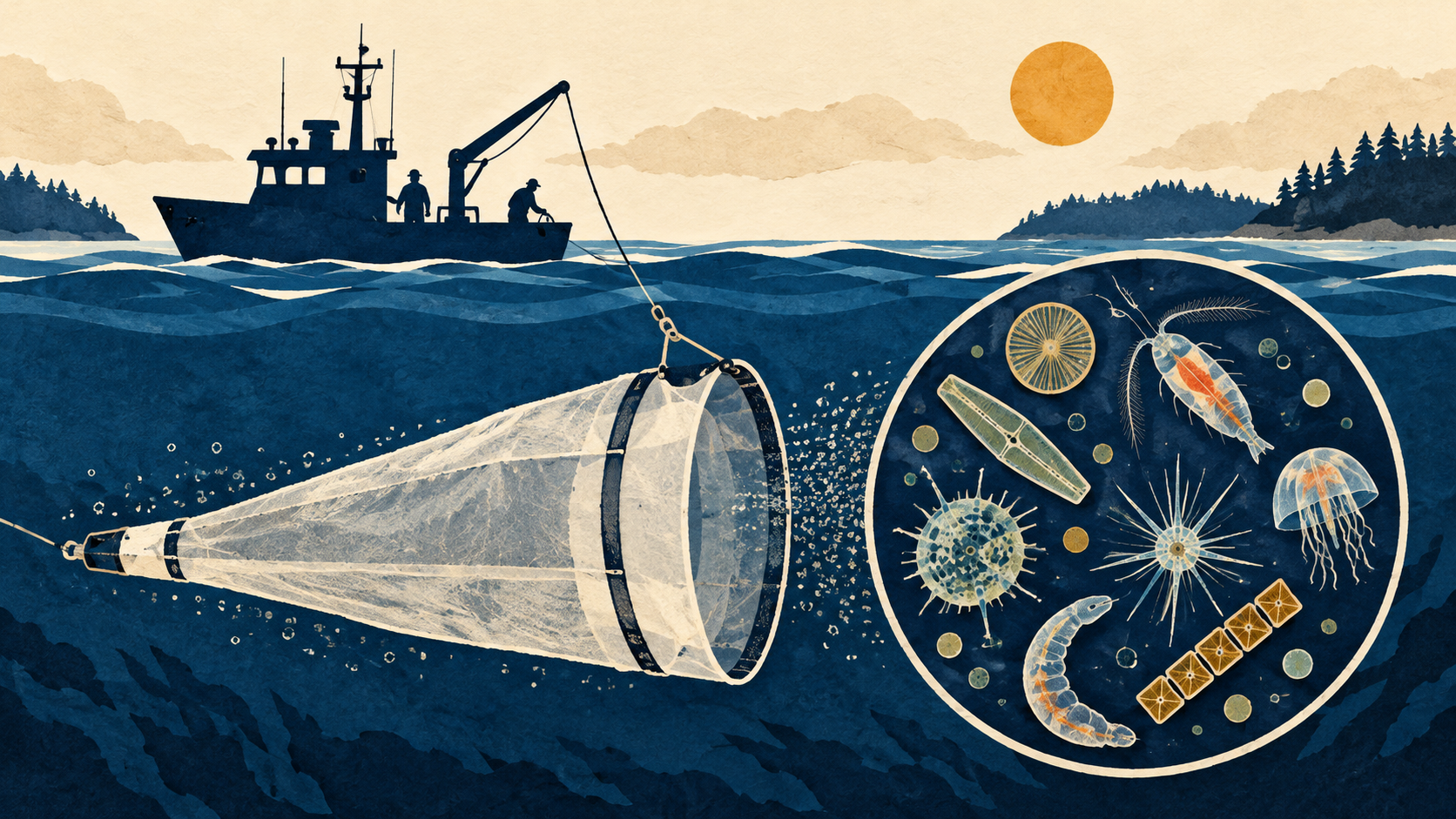 Illustration: A marine sampling net and research vessel.
