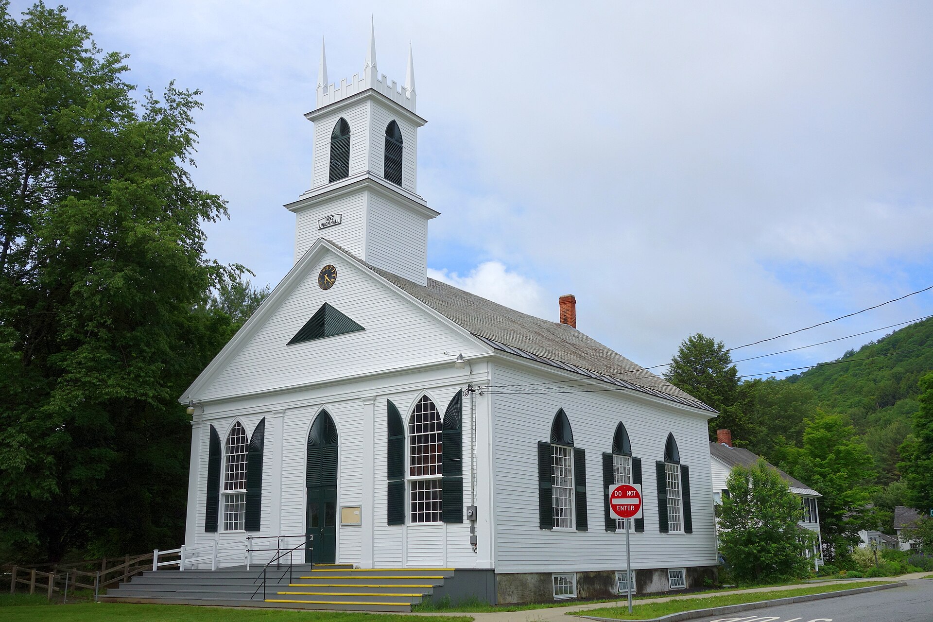 The white Union Hall building in Newfane, Vermont.