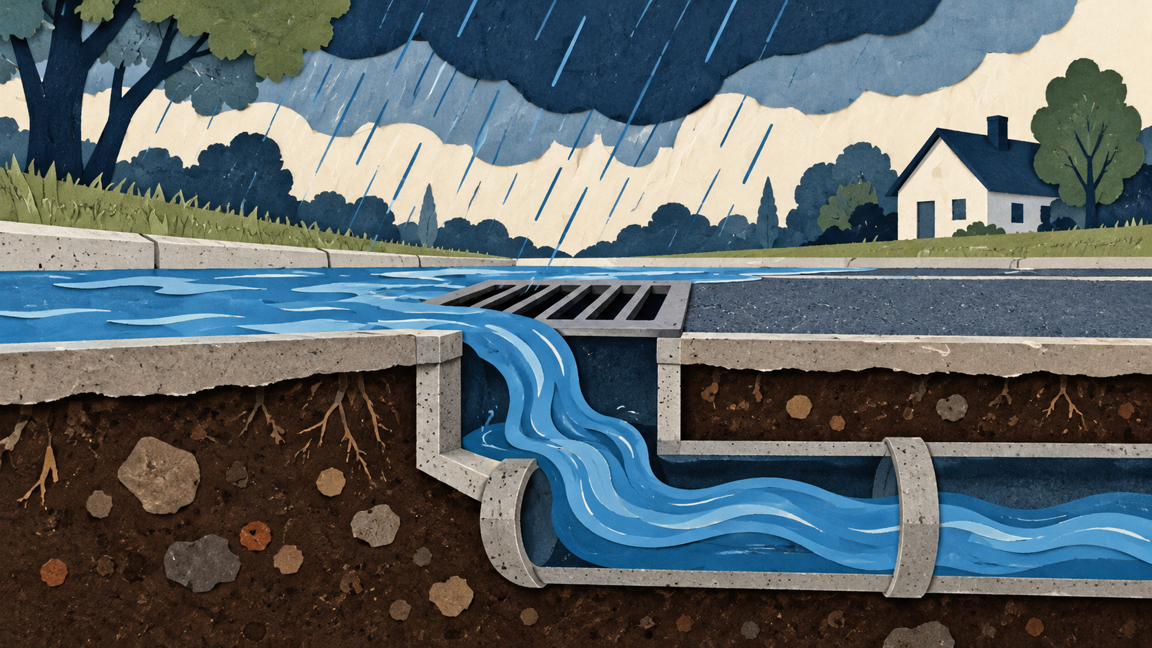 Illustration: Rainwater draining into a storm pipe.