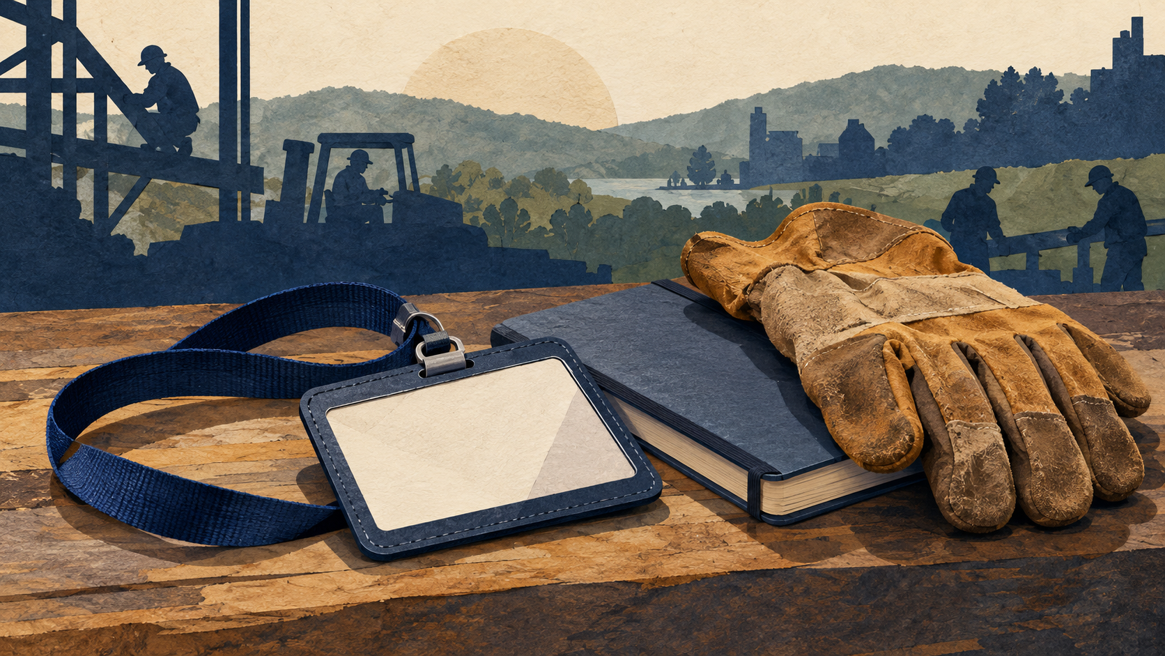 Illustration: Work gloves, a blank employee badge and notebook.