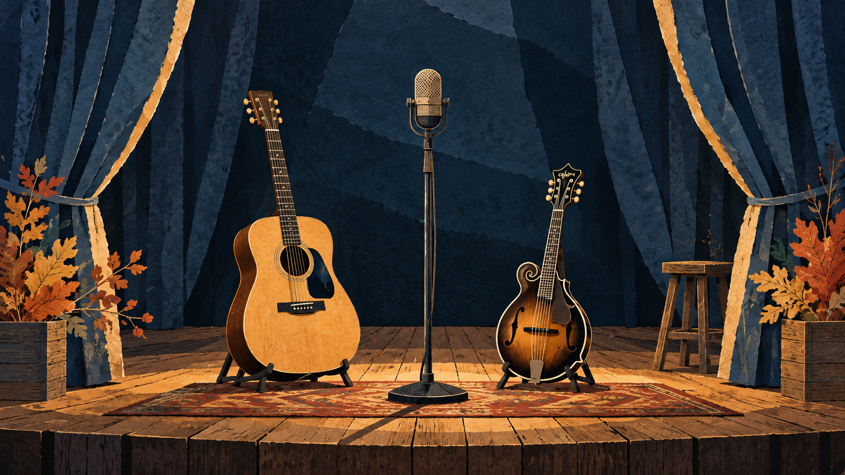 Illustration: An acoustic guitar, mandolin and microphone.