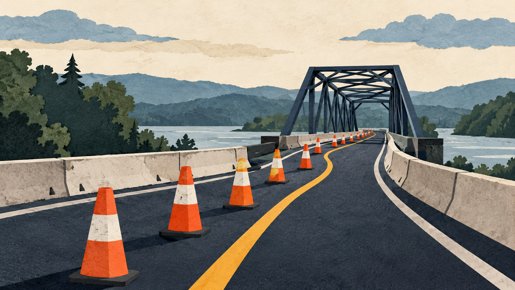 Illustration: Traffic cones and a bridge.