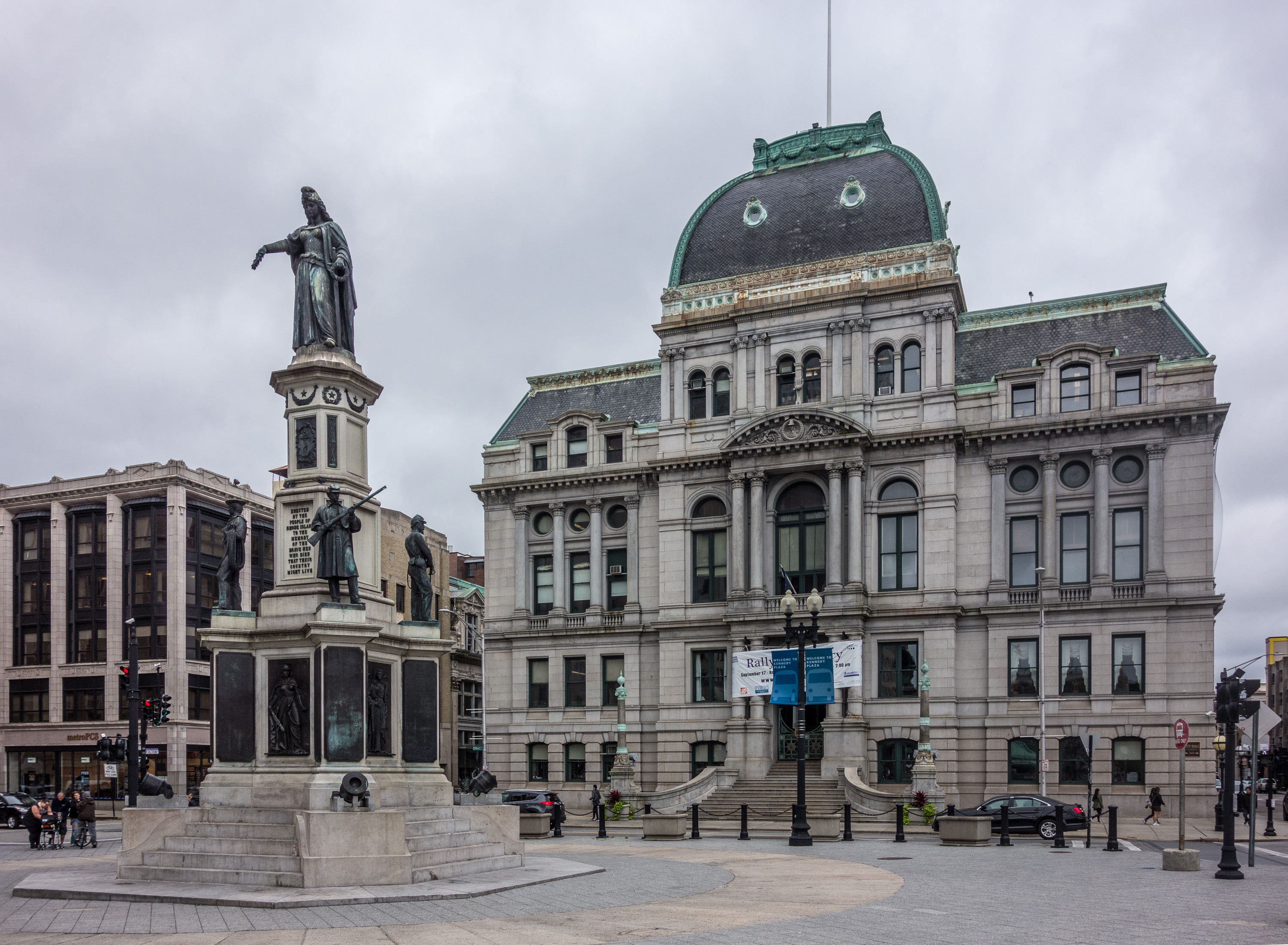 Providence City Hall behind the Soldiers and Sailors Monument in Kennedy Plaza.