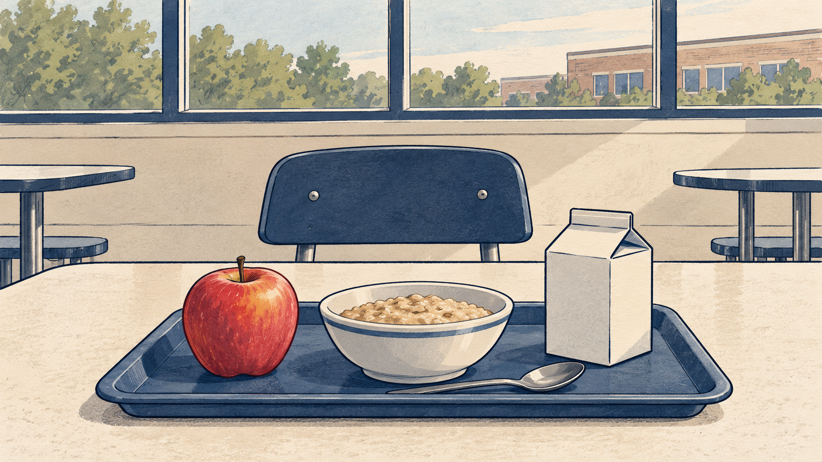 Illustration of a school breakfast tray with oatmeal, an apple and milk.