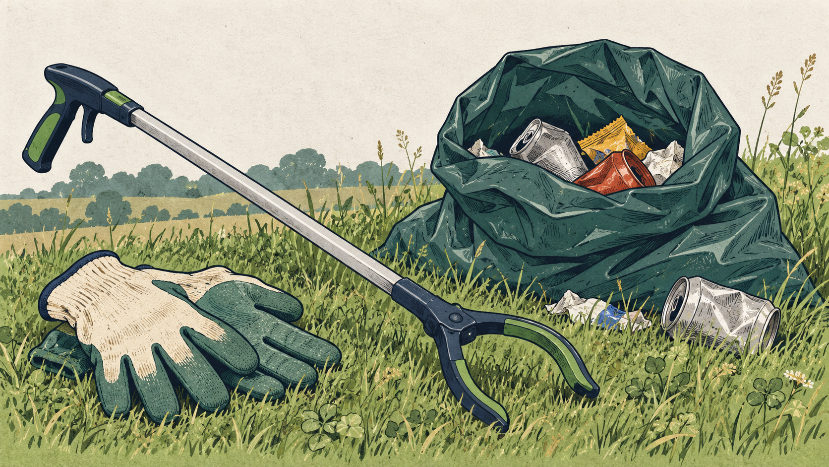 Illustration of community cleanup equipment.