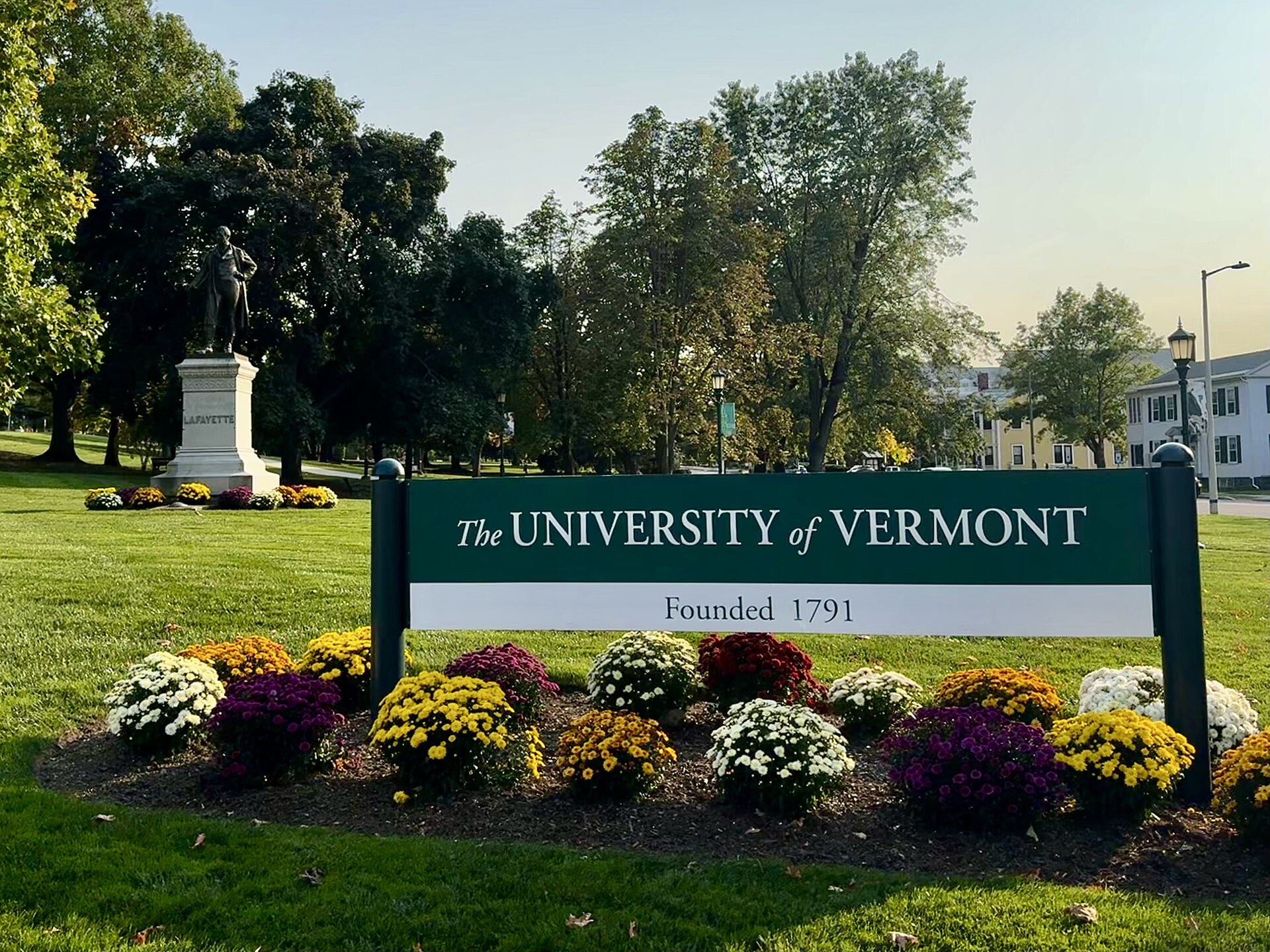 University of Vermont sign on the University Green.