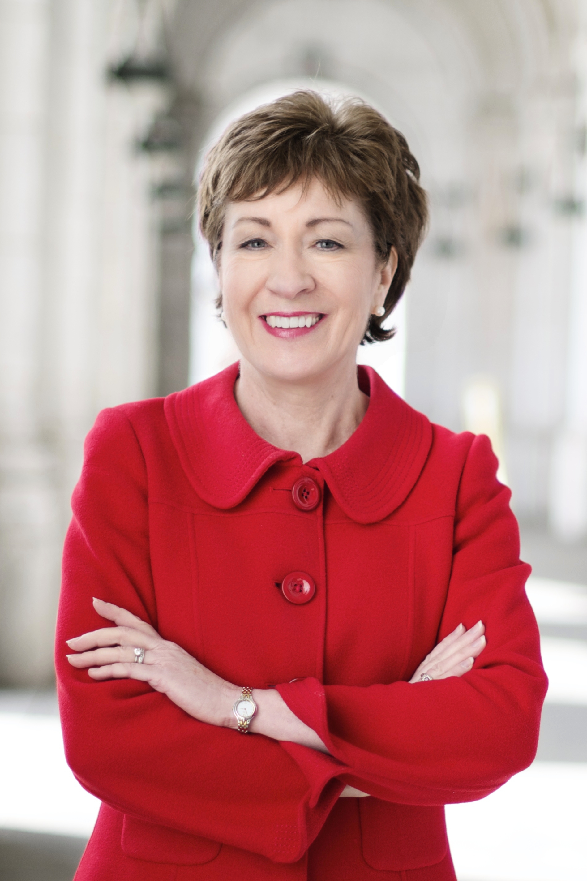 U.S. Sen. Susan Collins in a red jacket in her official portrait.