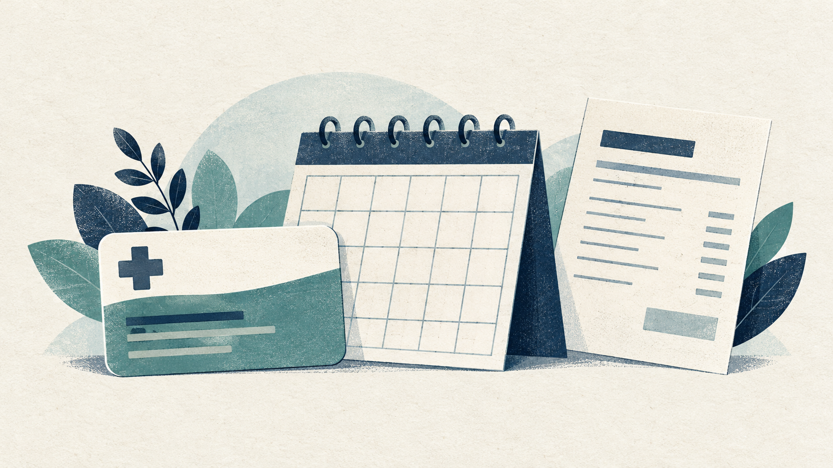Illustration of a health-coverage card, enrollment calendar and household bill.
