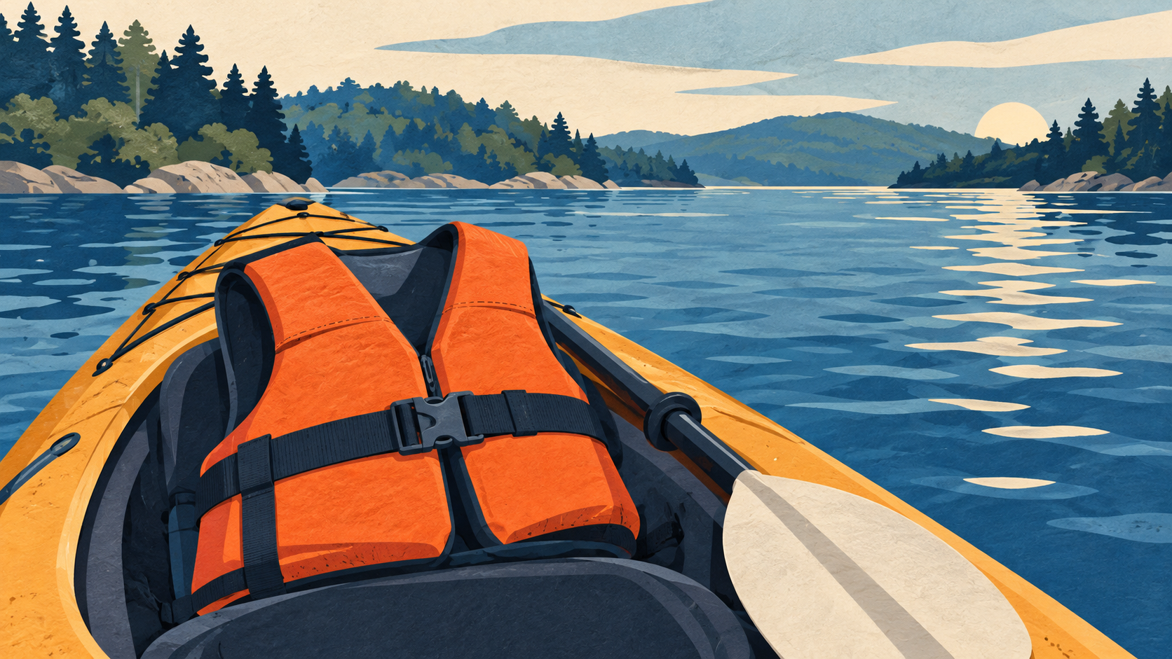 Illustration: A life jacket and paddle resting on a kayak.
