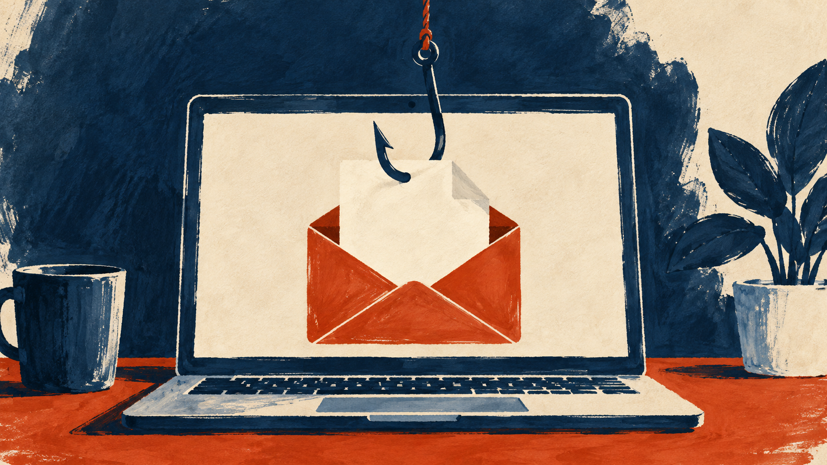 Illustration of a suspicious email and fishing hook.