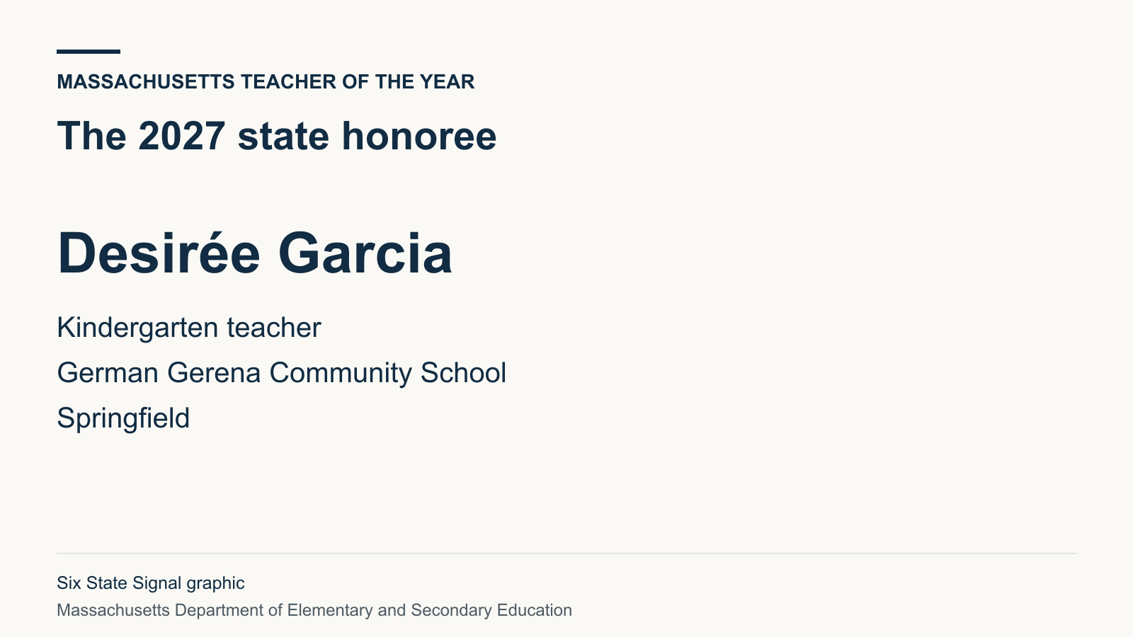 Graphic naming Desirée Garcia of German Gerena Community School in Springfield as the 2027 Massachusetts Teacher of the Year.