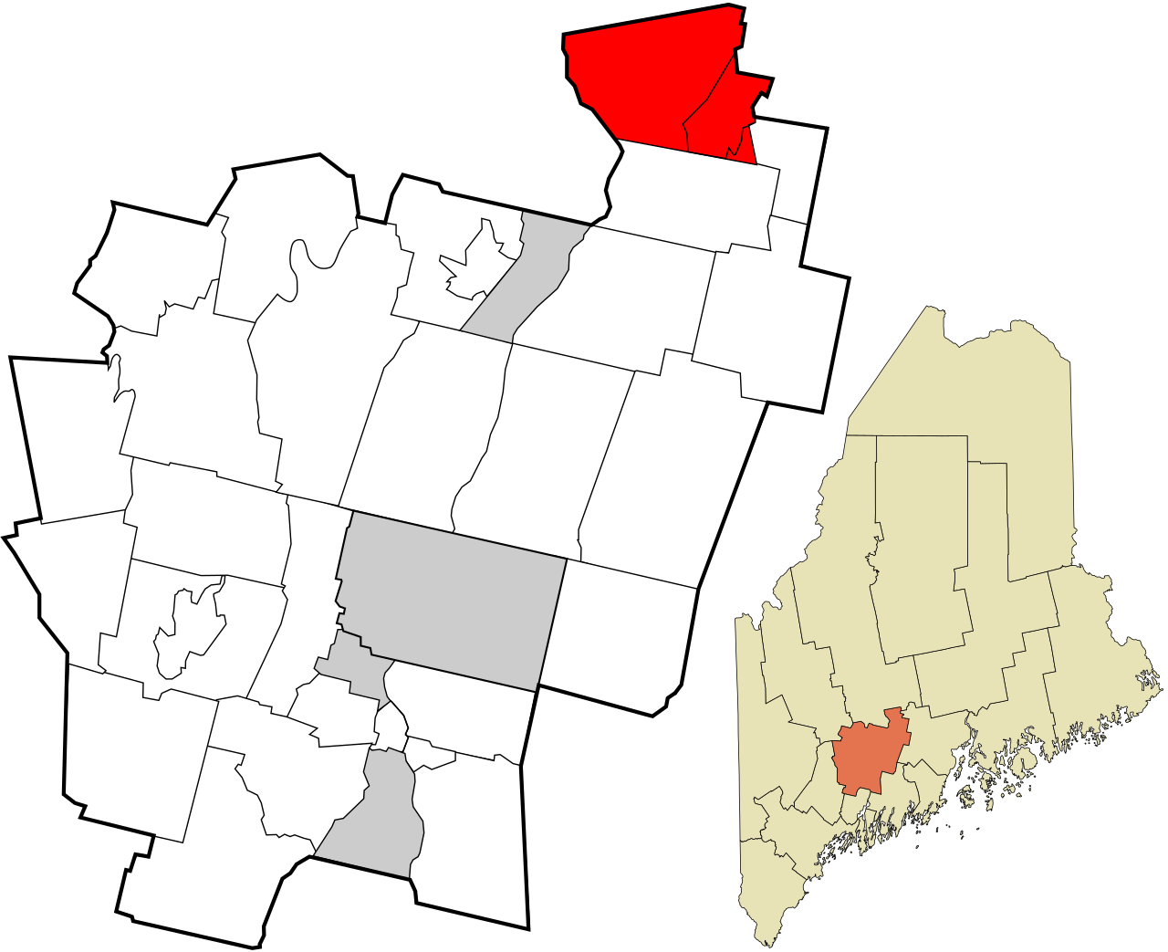 Locator map of Kennebec County, Maine, with the town of Clinton marked in red.