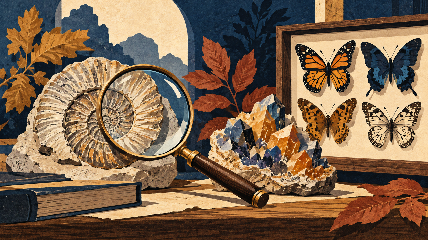 Illustration: A fossil, minerals and a butterfly display.
