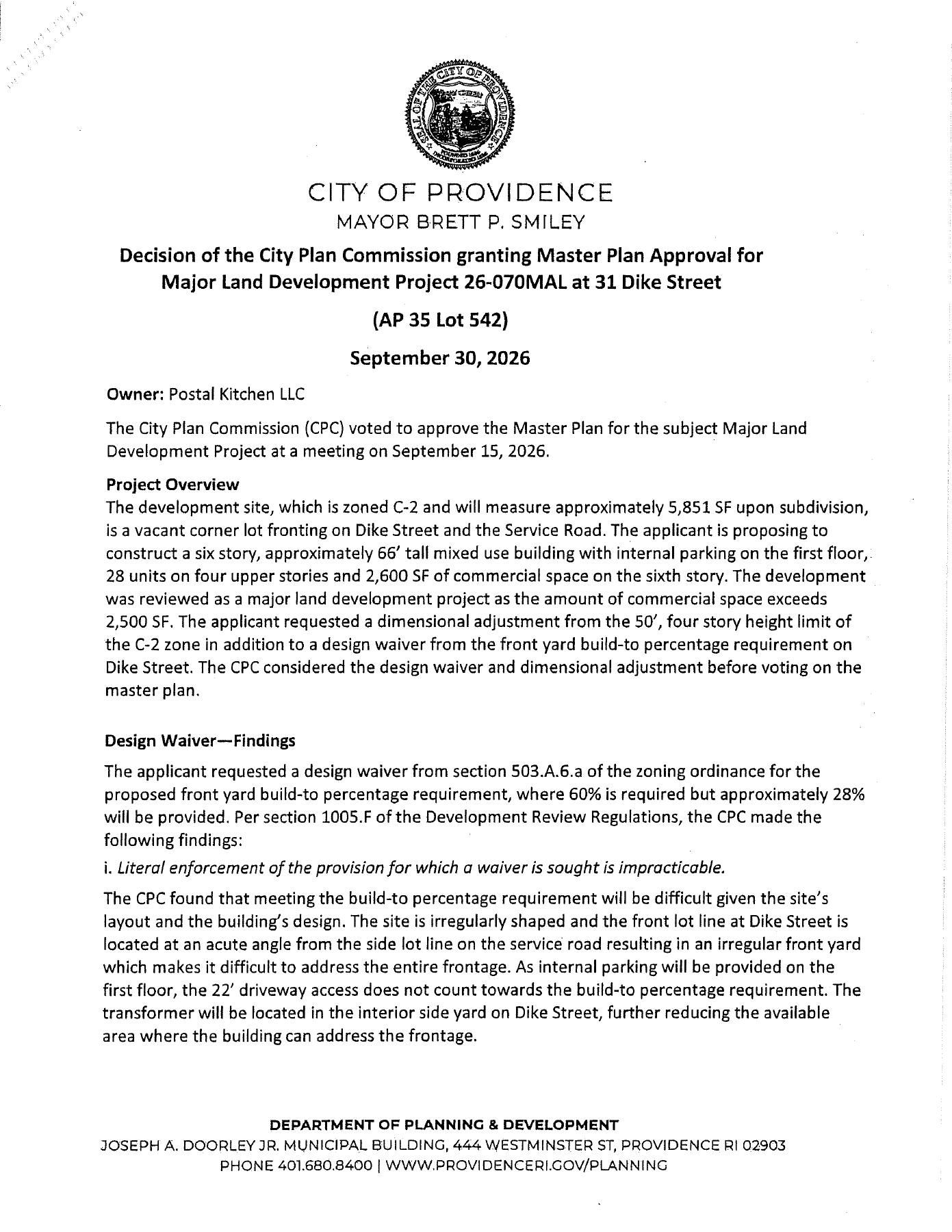 First page of Providence City Plan Commission approval for 31 Dike Street.