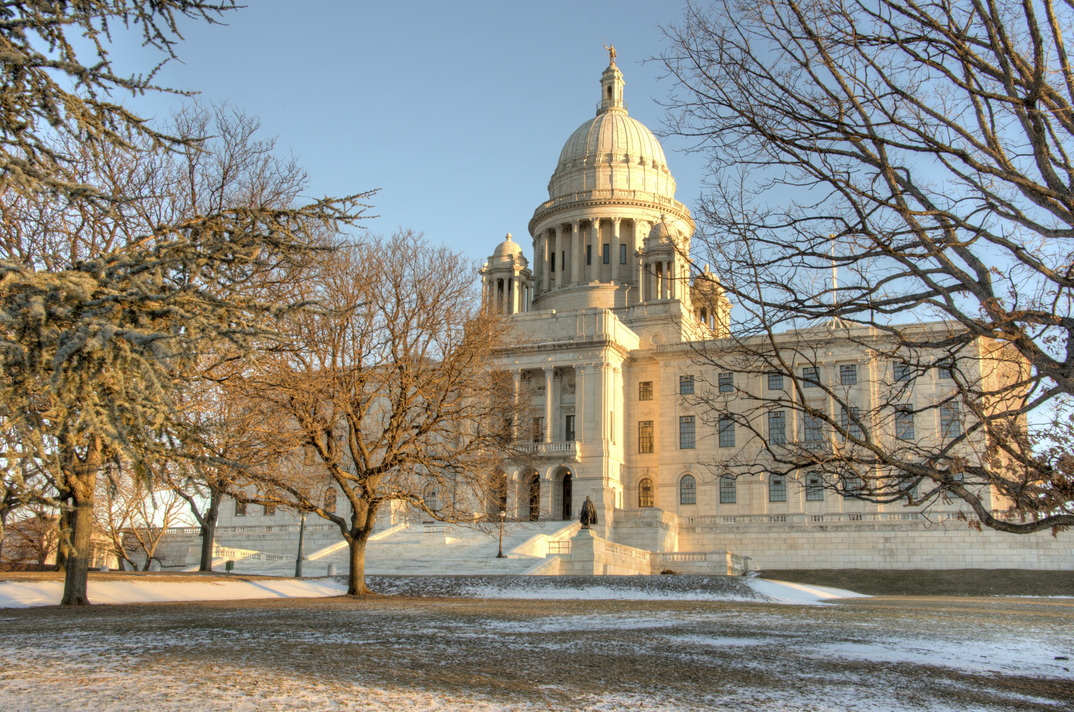 The marble Rhode Island State House and its dome in Providence.