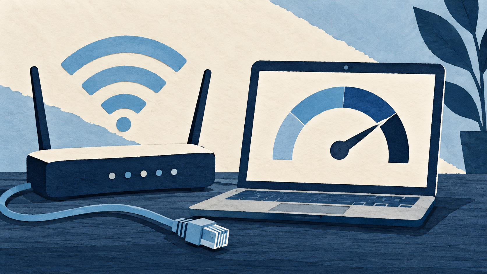 Illustration of a Wi-Fi router beside a laptop displaying a speed gauge.