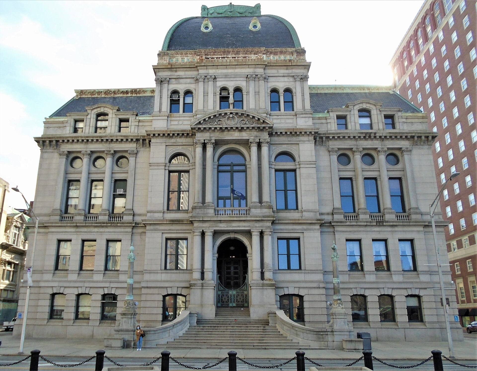 The stone facade and entrance steps of Providence City Hall.