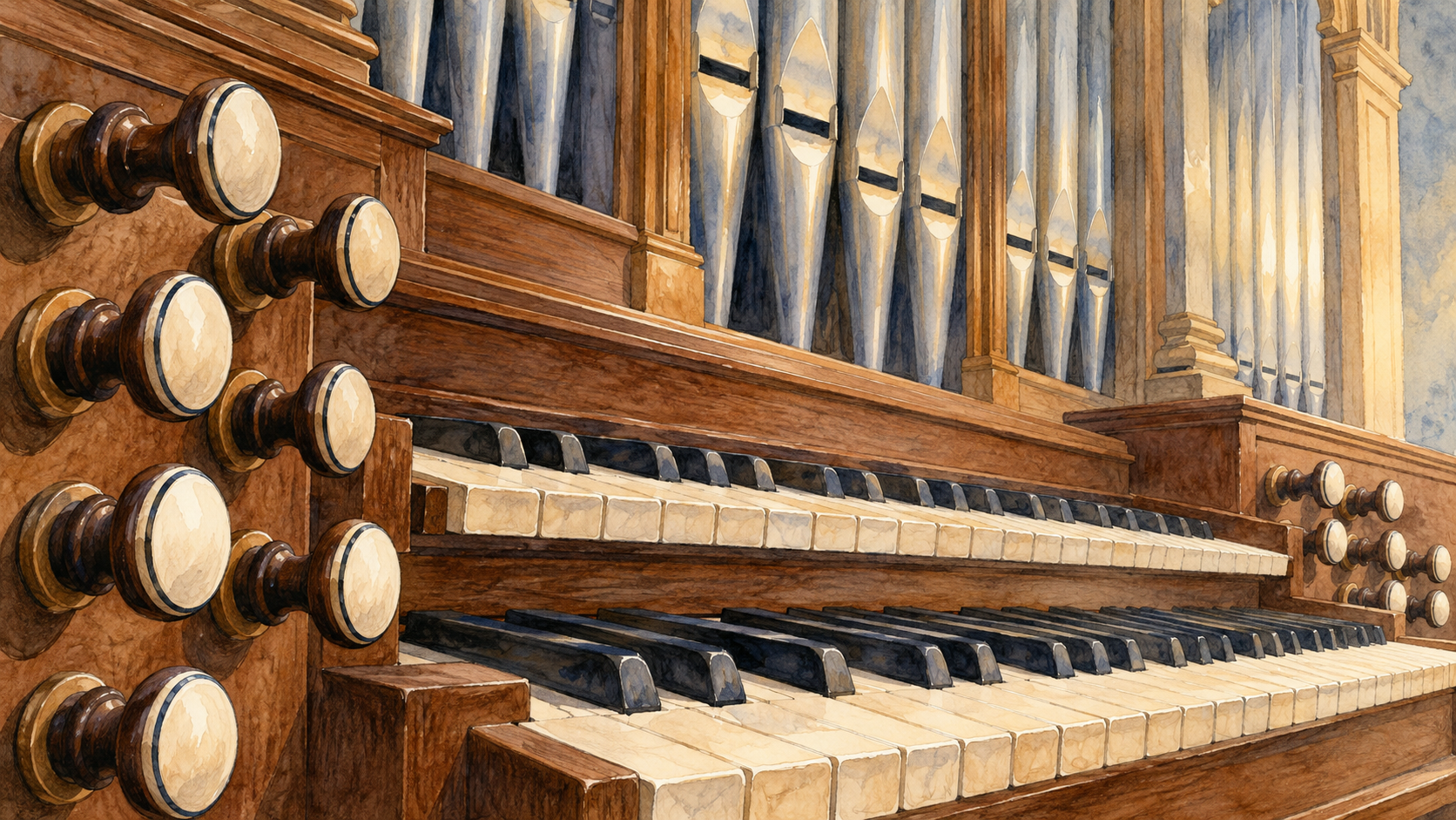Illustration of pipe-organ keyboards and stop knobs.