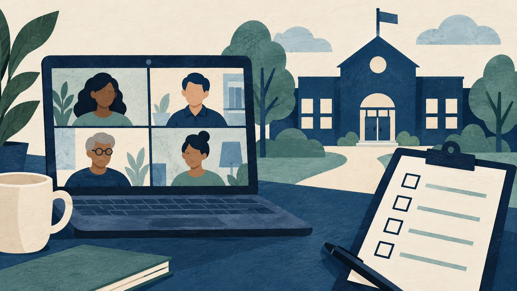 Illustration of a video call beside a school building and checklist.