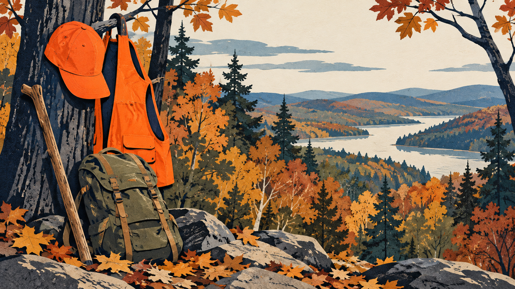 Illustration: A blaze-orange cap and vest beside hiking gear.