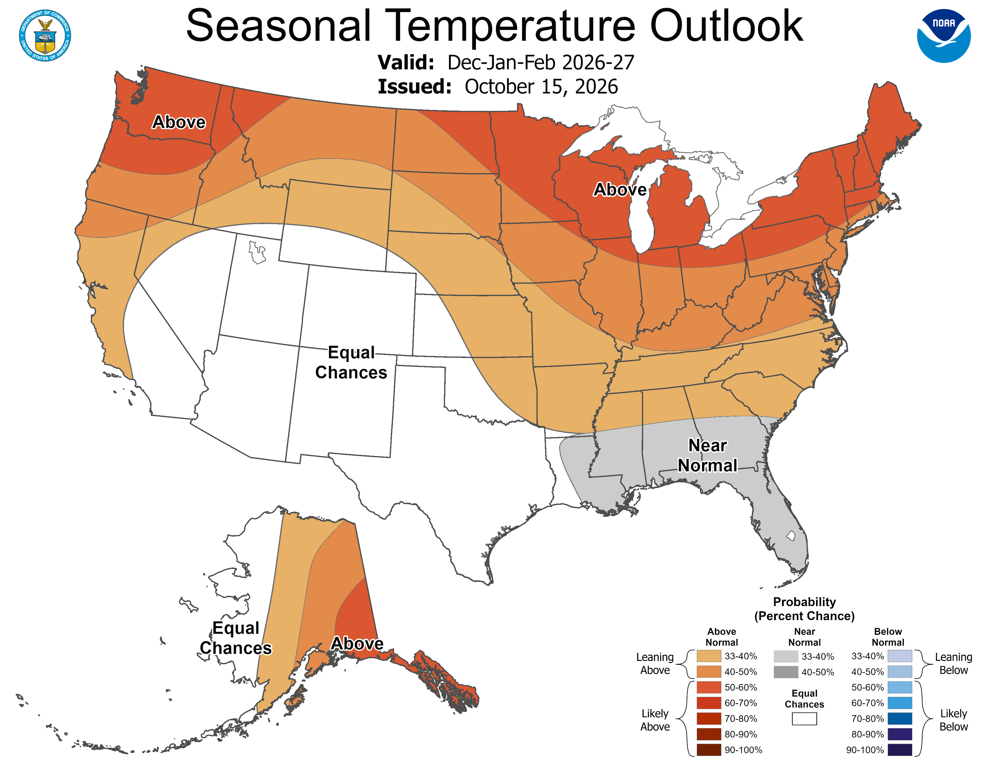 NOAA map showing the probability of above-average winter temperatures across much of the United States.
