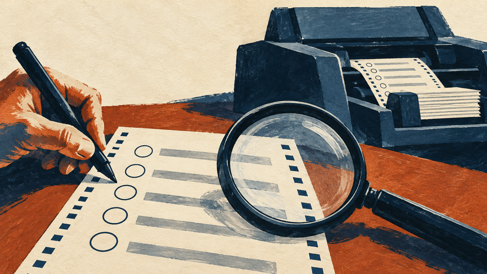 Illustration of paper ballots and security testing.