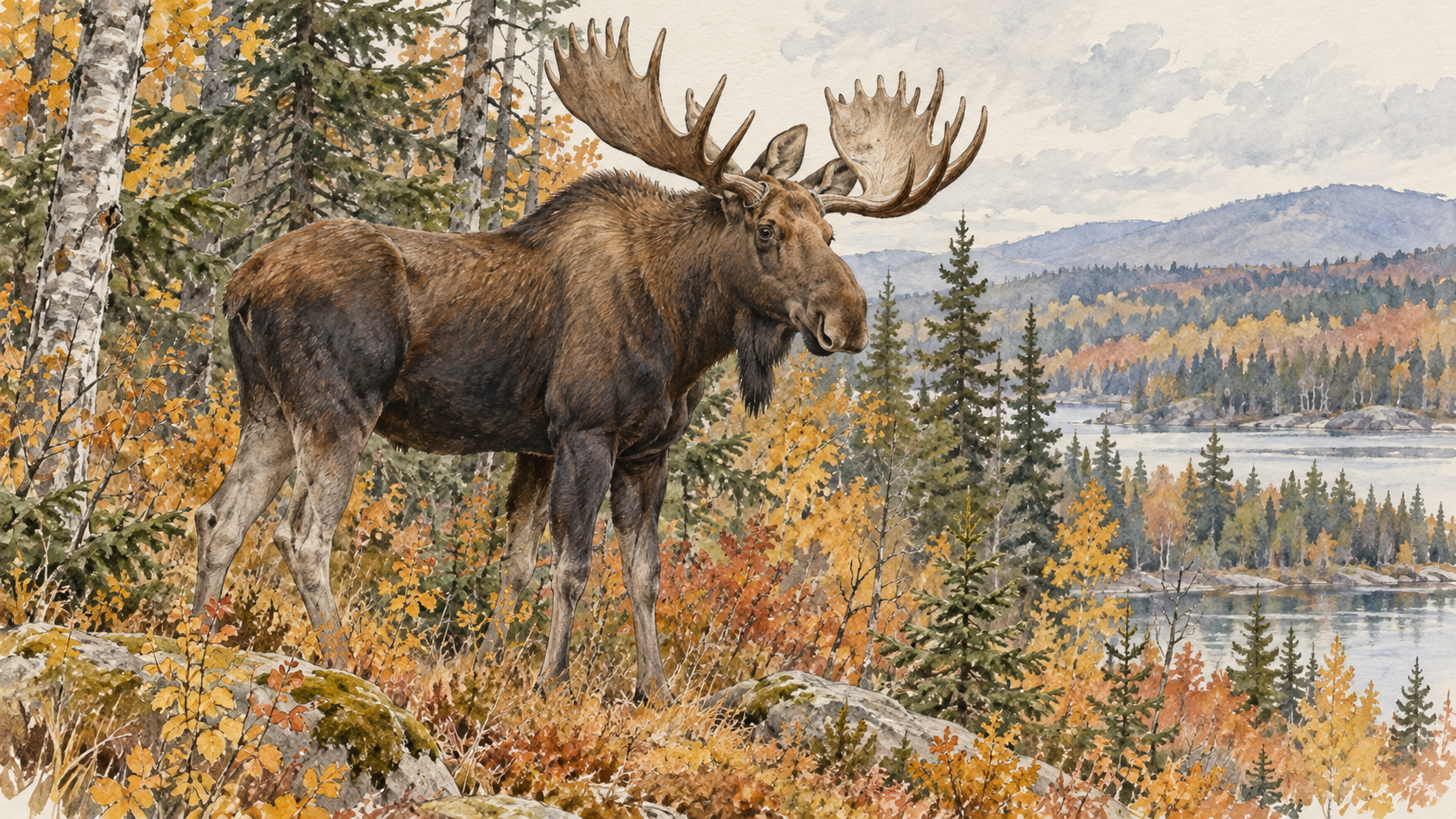 Illustration of a bull moose with broad antlers at the edge of an autumn forest.